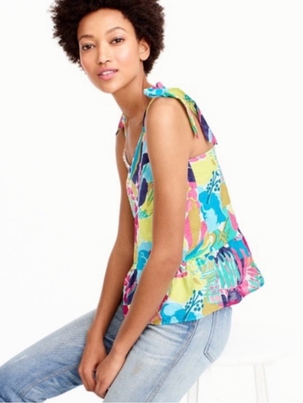 J. Crew Medium Tropical Floral Tie-Shoulder Tank in Yellow, Blue, Pink